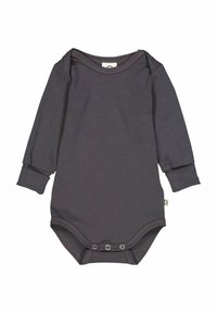 Šedé body s dlouhými rukávy, kulatým výstřihem, zapínáním na cvočky v dolní části a přiléhavými manžetami. Měkká látka s hladkou strukturou.