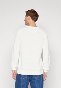 Witte gebreide trui met lange mouwen, ronde halslijn en geribbelde manchetten. Draagt met blauwe denim jeans, die een gestructureerd patroon tonen.