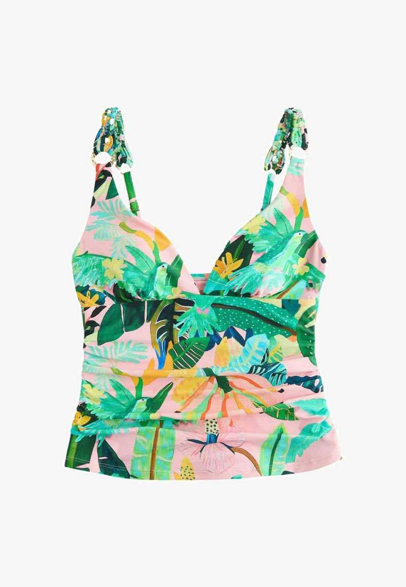 Haut de tankini pour femmes à imprimé tropical avec des perroquets verts, de grandes feuilles, des fleurs roses, des bretelles tressées et un fond rose.