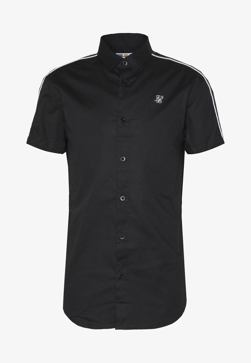 Chemise noire à manches courtes avec boutons, ornée d'un liseré blanc sur les épaules et d'un petit logo brodé blanc sur le côté gauche de la poitrine.