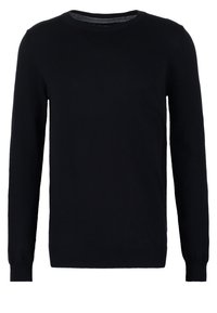 Zwarte gebreide trui met een ronde hals, lange mouwen en ribbelzoom. Gemaakt van een gladde stof, wat zorgt voor een aansluitende pasvorm.