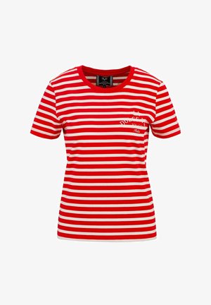 Red and white striped short-sleeve T-shirt with a round neckline and embroidered detail on the chest. Made from soft cotton.