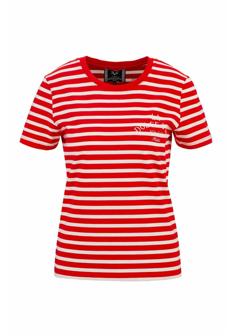 Rot-weiß gestreift, kurzes T-Shirt mit Rundhalsausschnitt und besticktem Detail auf der Brust. Hergestellt aus weicher Baumwolle.