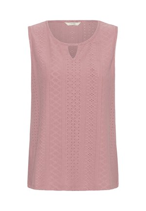 Haut sans manches en tricot rose pâle avec texture ajourée à motifs et petite ouverture en forme de goutte sur le devant.