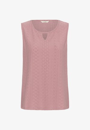 Top tricotat fără mâneci, de culoare roz deschis, cu textură tip ochi de broderie modelată și decolteu mic în față cu deschidere tip cheie.