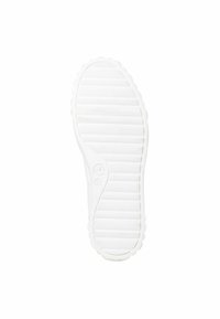 Semelle de chaussure en caoutchouc blanc avec un motif texturé et strié et un bord arrondi. Présente un détail de logo circulaire sur un côté. Design de surface plate.