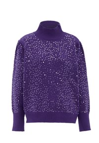 Maglione viola con collo alto e polsini a coste, caratterizzato da un motivo a pois di luccicanti paillettes argentate sulla parte anteriore. Tessuto a maglia morbido.