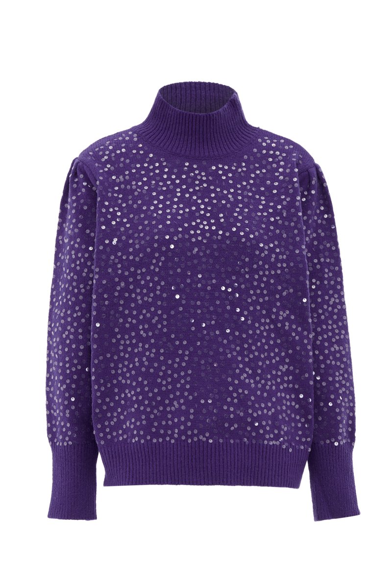 Maglione viola con collo alto e polsini a coste, caratterizzato da un motivo a pois di luccicanti paillettes argentate sulla parte anteriore. Tessuto a maglia morbido.