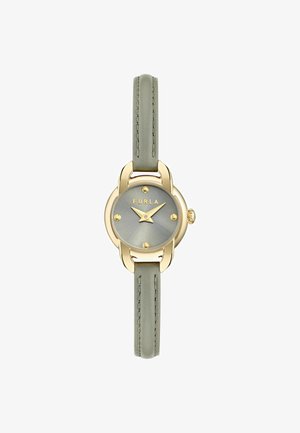 Orologio rotondo con cassa color oro, quadrante grigio e indicatori delle ore minimalisti. Caratterizzato da un cinturino in pelle verde chiaro con dettagli di cucitura.