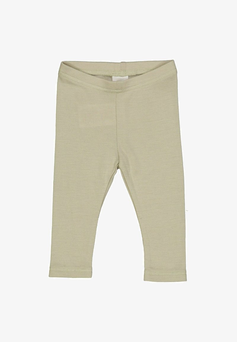 Leggings in cotone beige chiaro con una texture liscia, caratterizzati da una vita elastica e un design aderente lungo la caviglia.