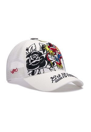 Weißes Mesh-Baseballcap mit bestickter schwarzer Rose, buntem Drachen und schwarzem Text auf dem Schirm.