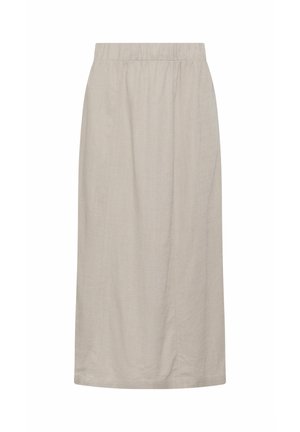 Jupe beige longueur genou avec une ceinture élastique, fabriquée en tissu léger, présentée sur un fond blanc uni.