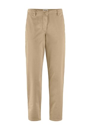 Beige gerade geschnittene Hose mit Knopf- und Reißverschluss, Gürtelschlaufen und minimalen Nahtdetails.