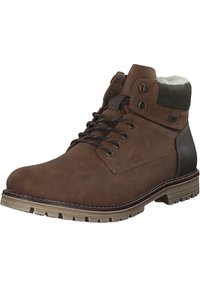 Botas de cuero marrón hasta el tobillo con un acabado texturizado, cierre de cordones en la parte delantera, suela de goma y acentos de cuero oscuro contrastantes en el talón.