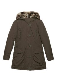 Brun lång vinterjacka med foder av päls på huvan, knäppning framtill med knappar, dragkedjefickor på bröstet och fickor på sidan med lock.