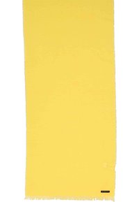 Yellow scarf made of soft fabric, featuring fringed edges and a small black label. Rectangular shape with a smooth texture.