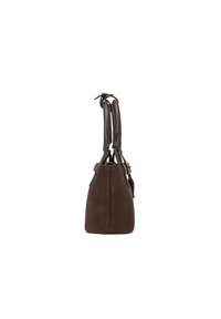 Braune Wildleder-Handtasche mit strukturierter Form, Ledergriffen, goldenen Hardware-Akzenten und einem Reißverschlussverschluss. Texturierte Oberfläche mit minimaler Detailierung.