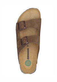 Sandale en cuir brun avec deux sangles réglables et boucles en métal. Dispose d'une semelle intérieure ergonomique et de détails texturés sur la semelle.