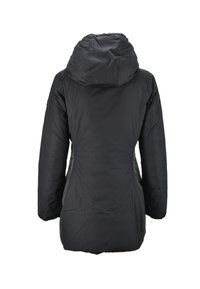 Zwarte geïsoleerde jas met een capuchon, met een gladde textuur en zijnaad. De achterkant is eenvoudig, zonder zichtbare hardware of accenten.