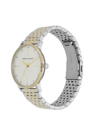 Silver and gold stainless steel watch with a round white dial, minimalist markers, and a two-tone metal link band. Features a push-button clasp.