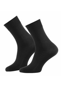 Calzini neri di cotone con risvolti a coste, lunghezza alla caviglia, texture liscia, senza motivi o disegni, che offrono un aspetto semplice e classico.
