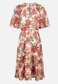 Blumenkleid mit einem cremefarbenen Hintergrund, roten und gelben Blumen, kurzen Cape-Ärmeln, einer taillierten Taille und einem knielangen Rock mit einem dezenten Glanz.