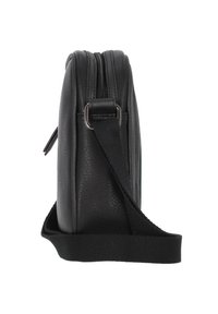 Borsa in pelle nera con forma rettangolare, chiusura a cerniera lungo la parte superiore e tracolla rimovibile in tessuto per il trasporto. Superficie testurizzata.