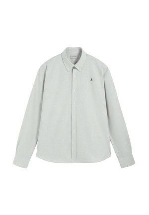 Koszula na guziki z długim rękawem w jasnoszare i białe pionowe paski oraz małe czarne haftowane logo na lewej piersi.