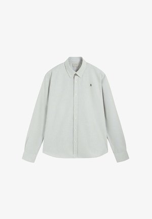 Koszula na guziki z długim rękawem w jasnoszare i białe pionowe paski oraz małe czarne haftowane logo na lewej piersi.