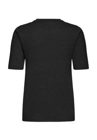 T-shirt noir à manches courtes avec col rond, fabriqué en tissu doux, présentant un design uni et une coupe décontractée. Vue de dos affichée.