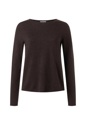 Pullover à manches longues marron en tissu doux et léger. Présente un col rond classique et une coupe décontractée, avec des coutures minimales.