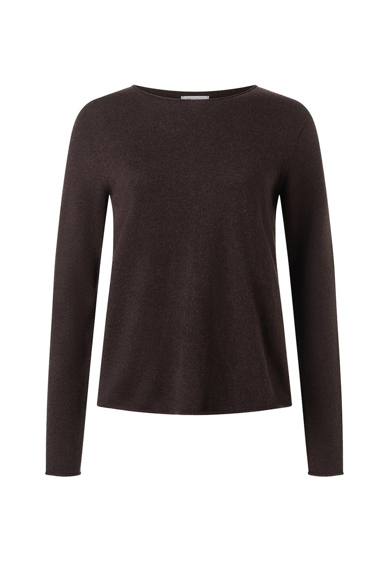 Maglione a maniche lunghe di colore marrone realizzato in un tessuto morbido e leggero. Presenta un classico scollo rotondo e una vestibilità comoda, con cuciture minime.