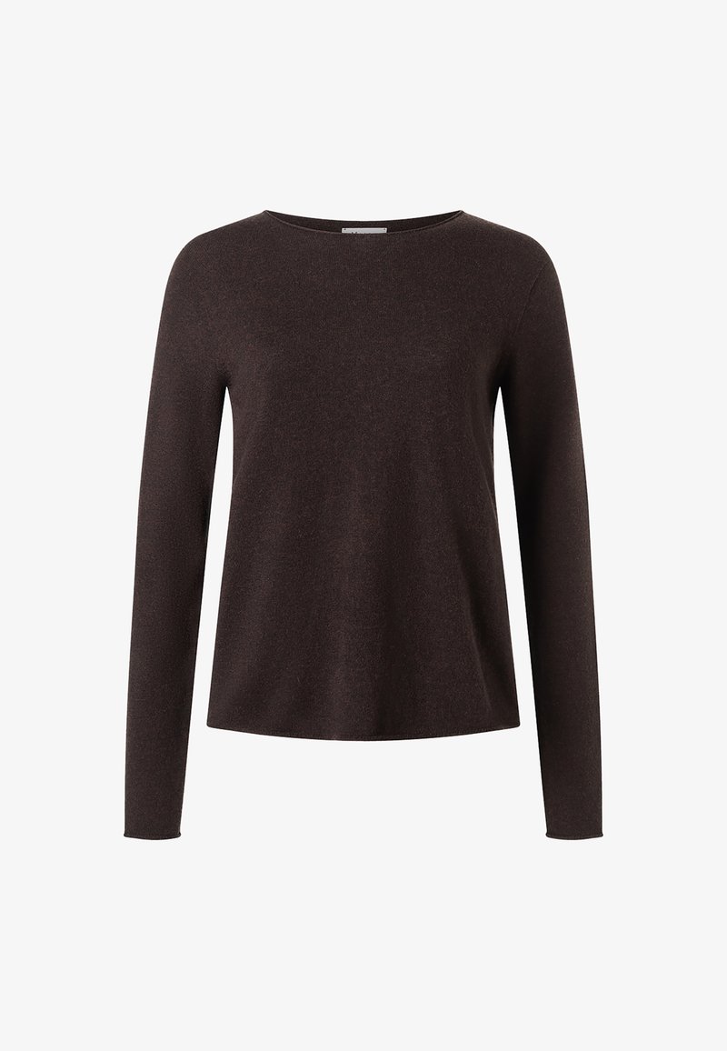 Langärmliges braunes Pullover-Top aus weichem, leichtem Stoff. Verfügt über einen klassischen runden Ausschnitt und eine lockere Passform mit minimalen Nähten.