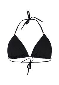 Top de bikini negro con diseño triangular, lazos ajustables en el cuello y la espalda, y sutiles acentos texturizados a lo largo de los bordes.