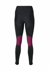 Leggings noirs et violets foncés au design ajusté. Dotés de panneaux de couleur contrastante et d'accents réfléchissants au niveau de la cheville.