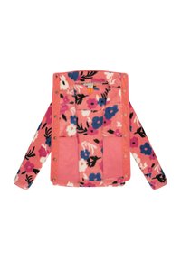 Fleece jacket with a pink floral pattern, featuring a soft interior, snap closure, and two front pockets. Outer fabric is smooth.