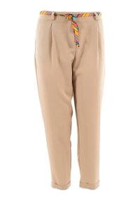 Pantaloni beige con una cintura colorata a strisce, caratterizzati da pieghe frontali e orli arrotolati. Realizzati in un tessuto morbido e leggero.