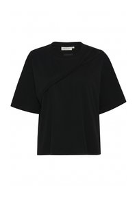 T-shirt noir à manches courtes en tissu doux, avec un design asymétrique et un détail courbé sur le devant.
