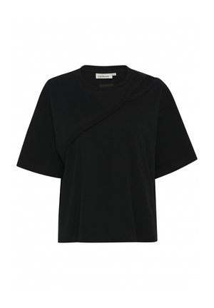 Zwarte t-shirt met korte mouwen van zacht materiaal, met een asymmetrisch ontwerp en een gebogen detail over de voorkant.