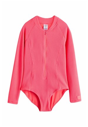 Langärmliger Einteiler in leuchtendem Pink, mit geripptem Textur und einem Reißverschluss auf der Vorderseite. Geeignet für Wasseraktivitäten.
