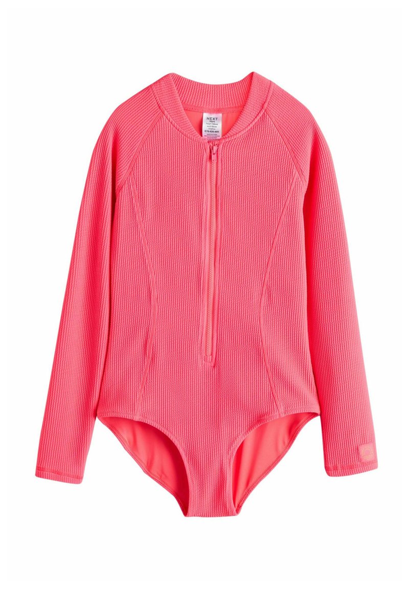 Costume intero a maniche lunghe di un vivace colore rosa, caratterizzato da una texture a coste e una zip frontale. Adatto per attività acquatiche.