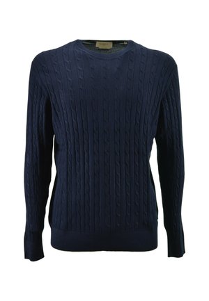 Maglione blu navy a trecce con maniche lunghe, collo tondo e polsini e orlo a coste, mostrato su sfondo bianco.