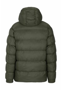 Tmavě zelená vyp padded bunda s kapucí, dlouhými rukávy a elastickými manžetami zobrazená ze zadní strany na bílém pozadí.