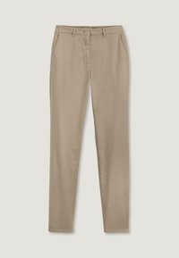 Pantalons beiges à jambe droite en tissu léger. Comprend des poches avant et une fermeture à un seul bouton avec un zip.