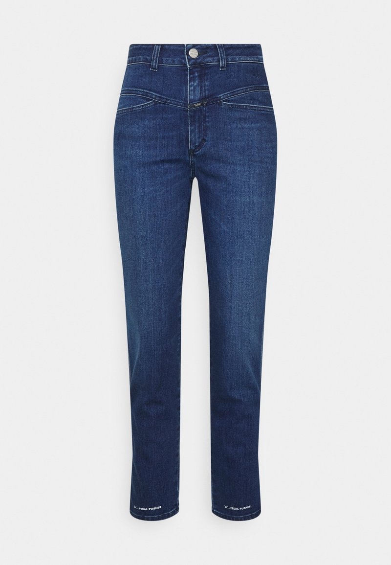 Jeans de mezclilla azul oscuro con corte recto, que cuentan con múltiples bolsillos y una tela texturizada. Incluye un cierre de botón de metal en la cintura.
