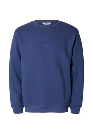 Modra pulover iz mešanice bombaža, z okroglim izrezom, dolgimi rokavi in subtilnim embosiranim logotipom spredaj.