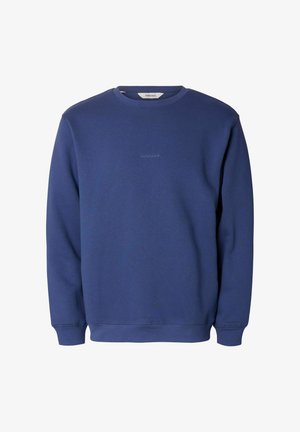 Sinine sweatshirthi, mis on valmistatud puuvillase seguga, millel on ümar kaelus, pikad varrukad ja peenelt tõstetud logo ees.