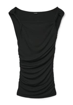 Black sleeveless top with ruched sides and twisted fabric detail on shoulders, featuring a wide square neckline.