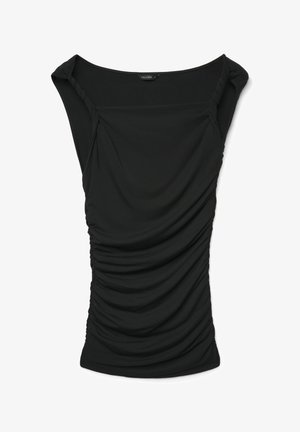 Black sleeveless top with ruched sides and twisted fabric detail on shoulders, featuring a wide square neckline.
