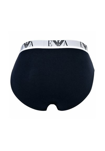 Marine-katoenen slip met een witte elastische tailleband en een zwart logo. Soepele textuur, volledige dekking en afgeronde achterkant.